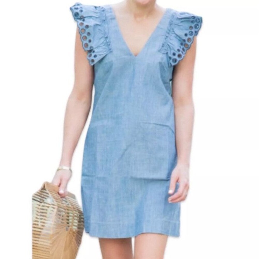 J Crew Chambray Ruffle Shoulder  Sheath Dress Size‎ 00 Torrey Wash